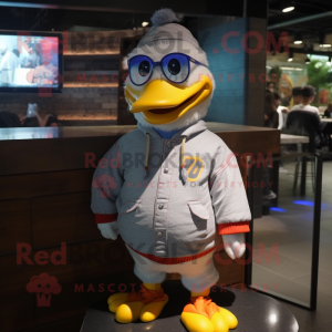 Silver Duck mascot costume character dressed with a Sweater and Eyeglasses