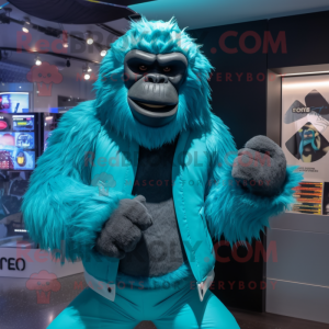 Turquoise Gorilla mascot costume character dressed with a Jacket and Ties