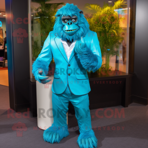 Turquoise Gorilla mascot costume character dressed with a Jacket and Ties