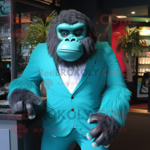 Turquoise Gorilla mascot costume character dressed with a Jacket and Ties