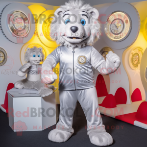 Silver Tamer Lion mascot costume character dressed with a Joggers and Coin purses