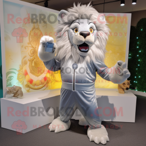 Silver Tamer Lion mascot costume character dressed with a Joggers and Coin purses