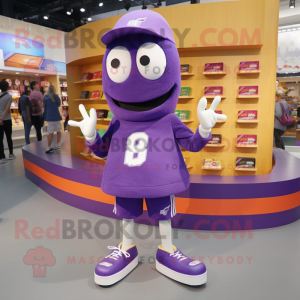 Purple Moussaka mascot costume character dressed with a Sweatshirt and Shoe clips