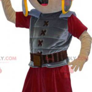 Gladiator-Maskottchen mit grauer und roter Rüstung -