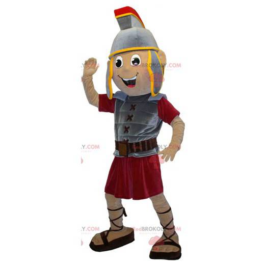 Gladiator-Maskottchen mit grauer und roter Rüstung -