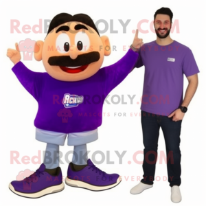 Purple Moussaka mascot costume character dressed with a Sweatshirt and Shoe clips