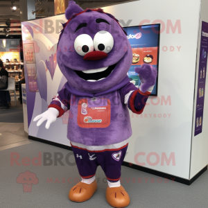 Purple Moussaka mascot costume character dressed with a Sweatshirt and Shoe clips