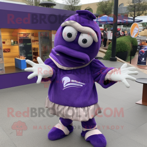 Purple Moussaka mascot costume character dressed with a Sweatshirt and Shoe clips