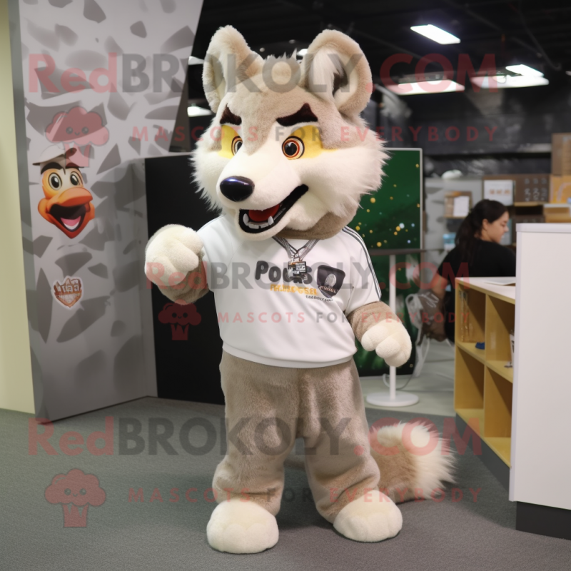 Beige Wolf mascot costume character dressed with a T-Shirt and Keychains