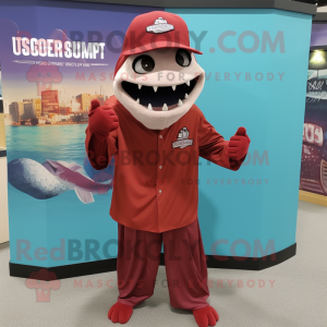 Maroon Barracuda mascot costume character dressed with a Bermuda Shorts and Hats