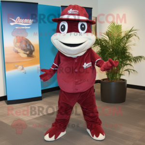 Maroon Barracuda mascot costume character dressed with a Bermuda Shorts and Hats