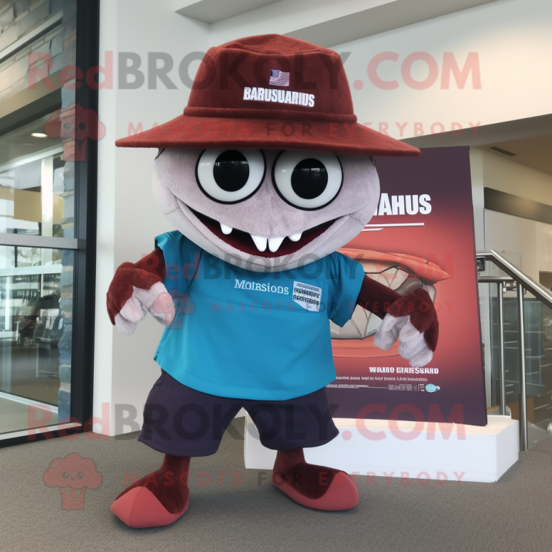 Maroon Barracuda mascot costume character dressed with a Bermuda Shorts and Hats