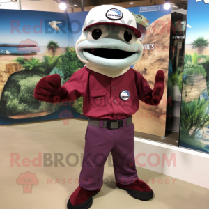 Maroon Barracuda mascot costume character dressed with a Bermuda Shorts and Hats