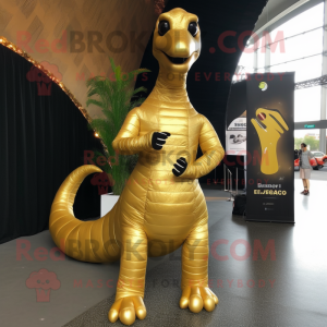 Gold Brachiosaurus mascot costume character dressed with a Bodysuit and Brooches