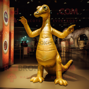 Gold Brachiosaurus mascot costume character dressed with a Bodysuit and Brooches