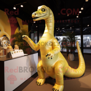 Gold Brachiosaurus mascot costume character dressed with a Bodysuit and Brooches
