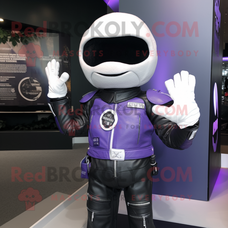 Lavender Alliance mascot costume character dressed with a Biker Jacket and Gloves Lavender Alliance mascot costume character dressed with a Biker Jacket and Gloves