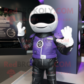 Lavender Alliance mascot costume character dressed with a Biker Jacket and Gloves