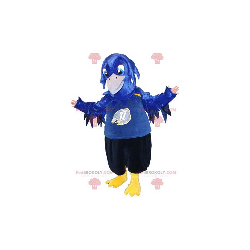 Mascot pájaro azul negro y amarillo. Mascota cuervo -