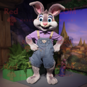 Purple Wild Rabbit mascot costume character dressed with a Denim Shorts and Suspenders