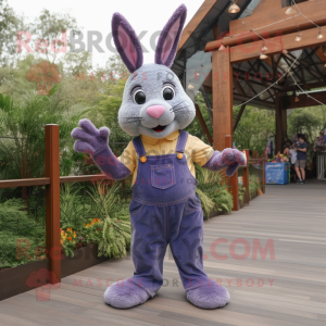 Purple Wild Rabbit mascot costume character dressed with a Denim Shorts and Suspenders