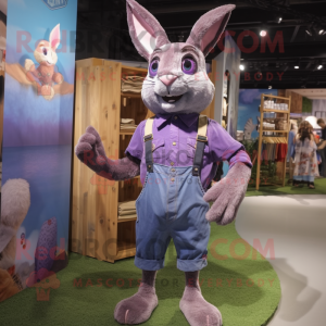 Purple Wild Rabbit mascot costume character dressed with a Denim Shorts and Suspenders