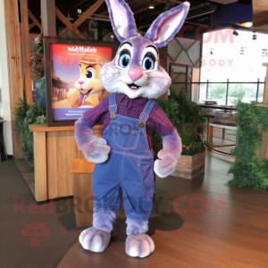 Purple Wild Rabbit mascot costume character dressed with a Denim Shorts and Suspenders