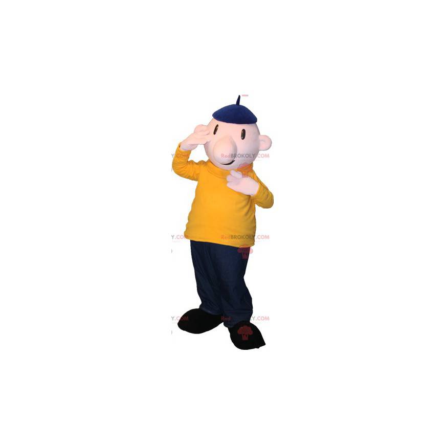 Skallet mann maskot med en baret og et fargerikt antrekk -