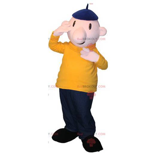 Bald man mascot with a beret and a colorful outfit -