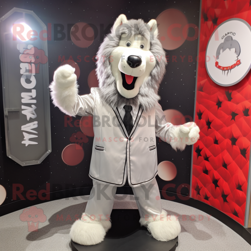Silver Shepard'S Pie mascot costume character dressed with a Blazer and Hairpins Silver Shepard'S Pie mascot costume character dressed with a Blazer and Hairpins