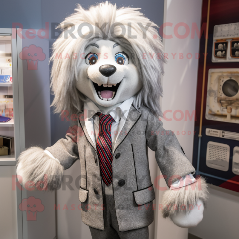 Silver Shepard'S Pie mascot costume character dressed with a Blazer and Hairpins