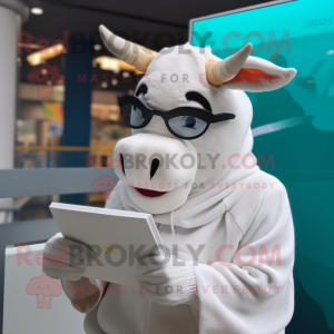 White Jersey Cow mascot costume character dressed with a Hoodie and Reading glasses