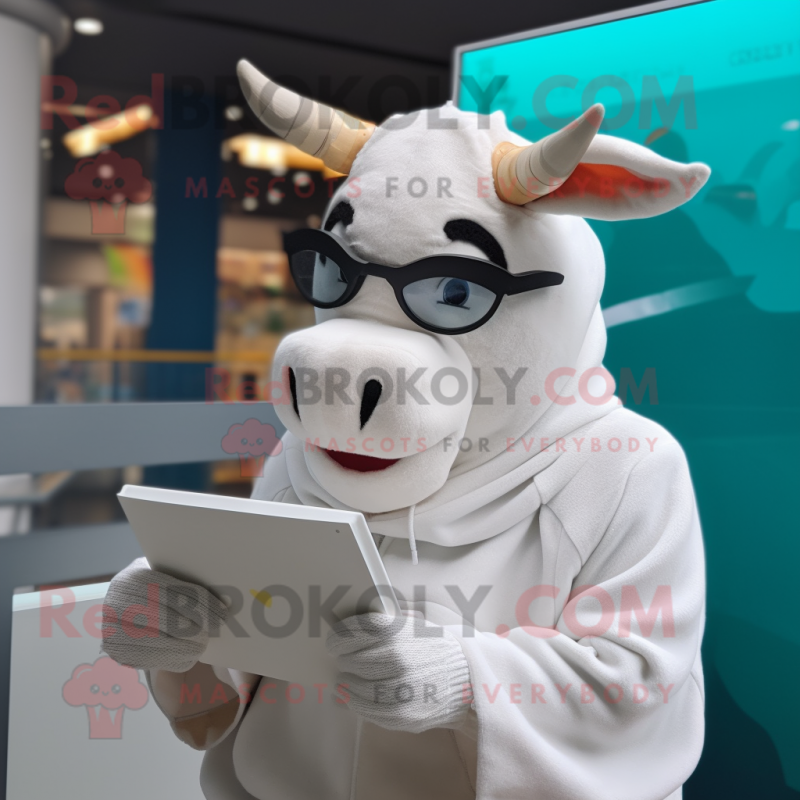 White Jersey Cow mascot costume character dressed with a Hoodie and Reading glasses White Jersey Cow mascot costume character dressed with a Hoodie and Reading glasses