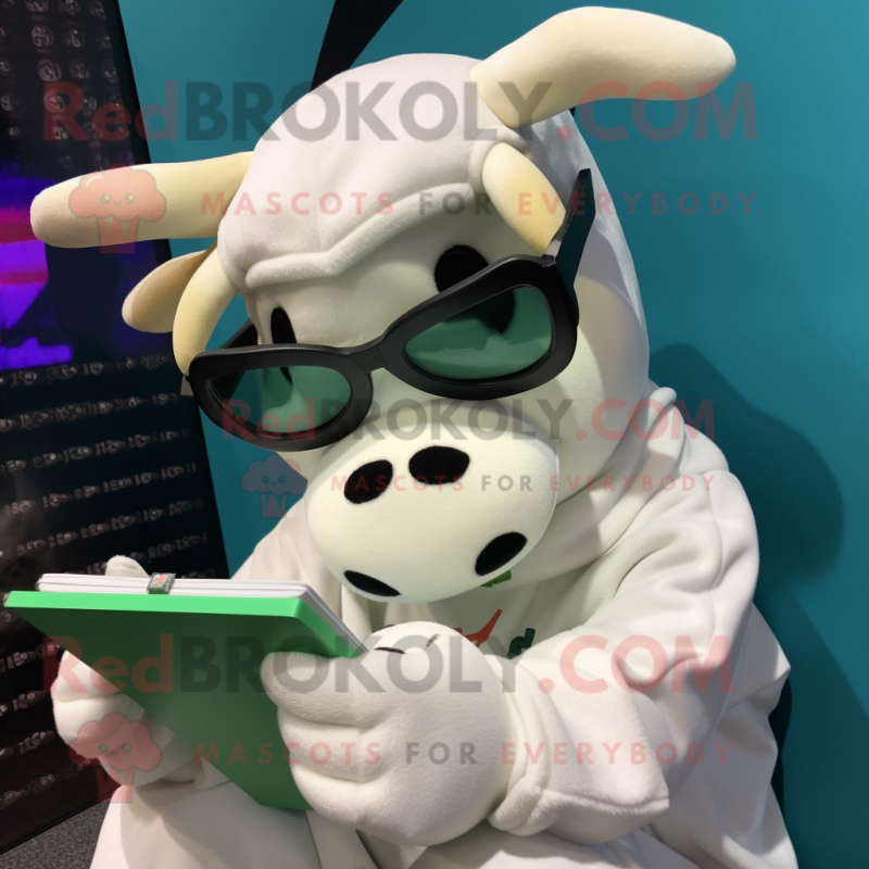 White Jersey Cow mascot costume character dressed with a Hoodie and Reading glasses White Jersey Cow mascot costume character dressed with a Hoodie and Reading glasses