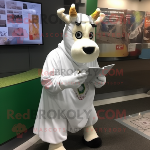 White Jersey Cow mascot costume character dressed with a Hoodie and Reading glasses