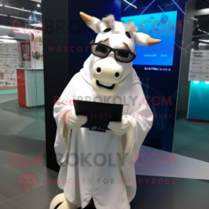 White Jersey Cow mascot costume character dressed with a Hoodie and Reading glasses