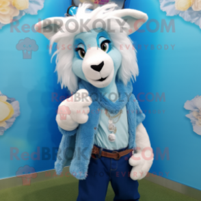 Sky Blue Angora Goat mascot costume character dressed with a Flare Jeans and Earrings