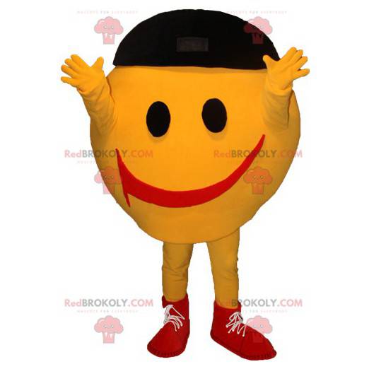 Veldig smilende gul snømannmaskott. Smiley maskot -
