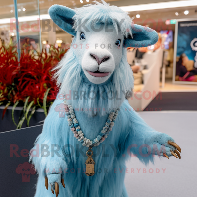 Sky Blue Angora Goat mascot costume character dressed with a Flare Jeans and Earrings