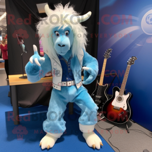 Sky Blue Angora Goat mascot costume character dressed with a Flare Jeans and Earrings