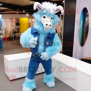 Sky Blue Angora Goat mascot costume character dressed with a Flare Jeans and Earrings