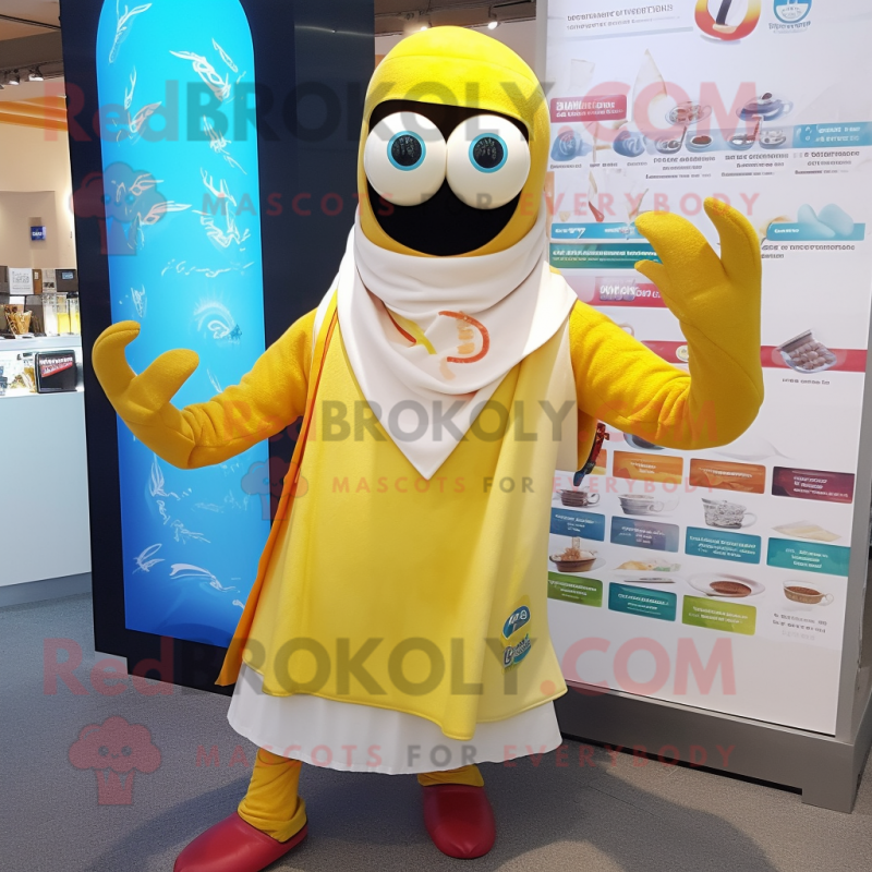 Yellow Ceviche mascot costume character dressed with a Long Sleeve Tee and Scarf clips