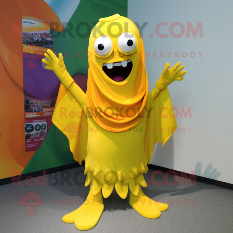 Yellow Ceviche mascot costume character dressed with a Long Sleeve Tee and Scarf clips Yellow Ceviche mascot costume character dressed with a Long Sleeve Tee and Scarf clips