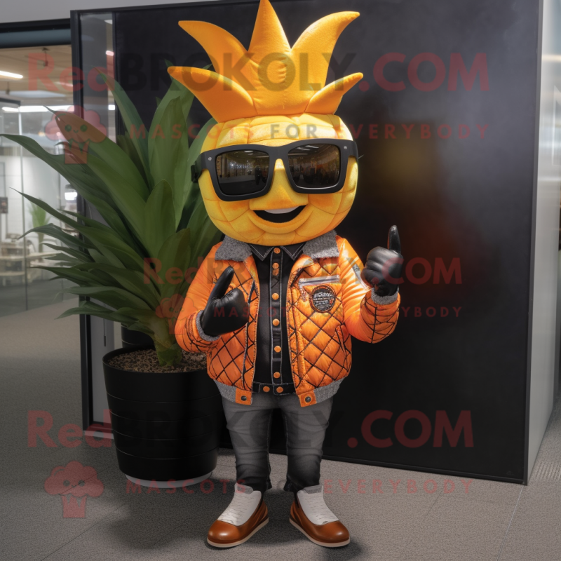 Orange Pineapple mascot costume character dressed with a Leather Jacket and Eyeglasses