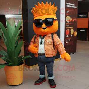 Orange Pineapple mascot costume character dressed with a Leather Jacket and Eyeglasses