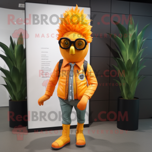Orange Pineapple mascot costume character dressed with a Leather Jacket and Eyeglasses