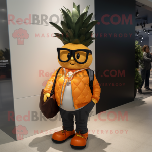 Orange Pineapple mascot costume character dressed with a Leather Jacket and Eyeglasses