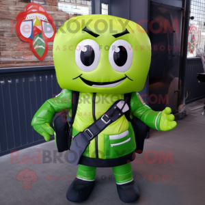 Lime Green Miso Soup mascot costume character dressed with a Biker Jacket and Backpacks