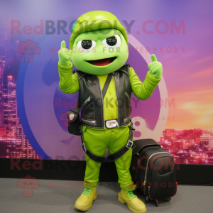 Lime Green Miso Soup mascot costume character dressed with a Biker Jacket and Backpacks