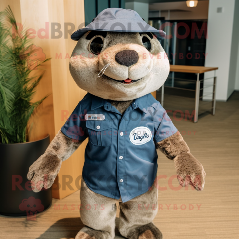 Navy Otter mascot costume character dressed with a Chambray Shirt and Ties